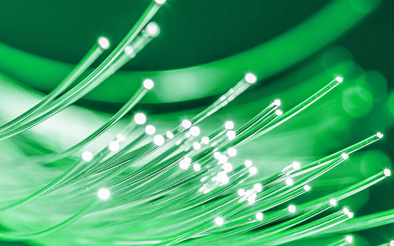 Bundle of optical fibers with lights in the ends. Green background.