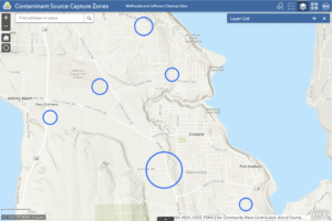 A map example showing circles of 1-year water saturation circles in the Hadlock area.