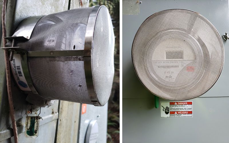 Two side-by-side images of meters that are covered by some casing