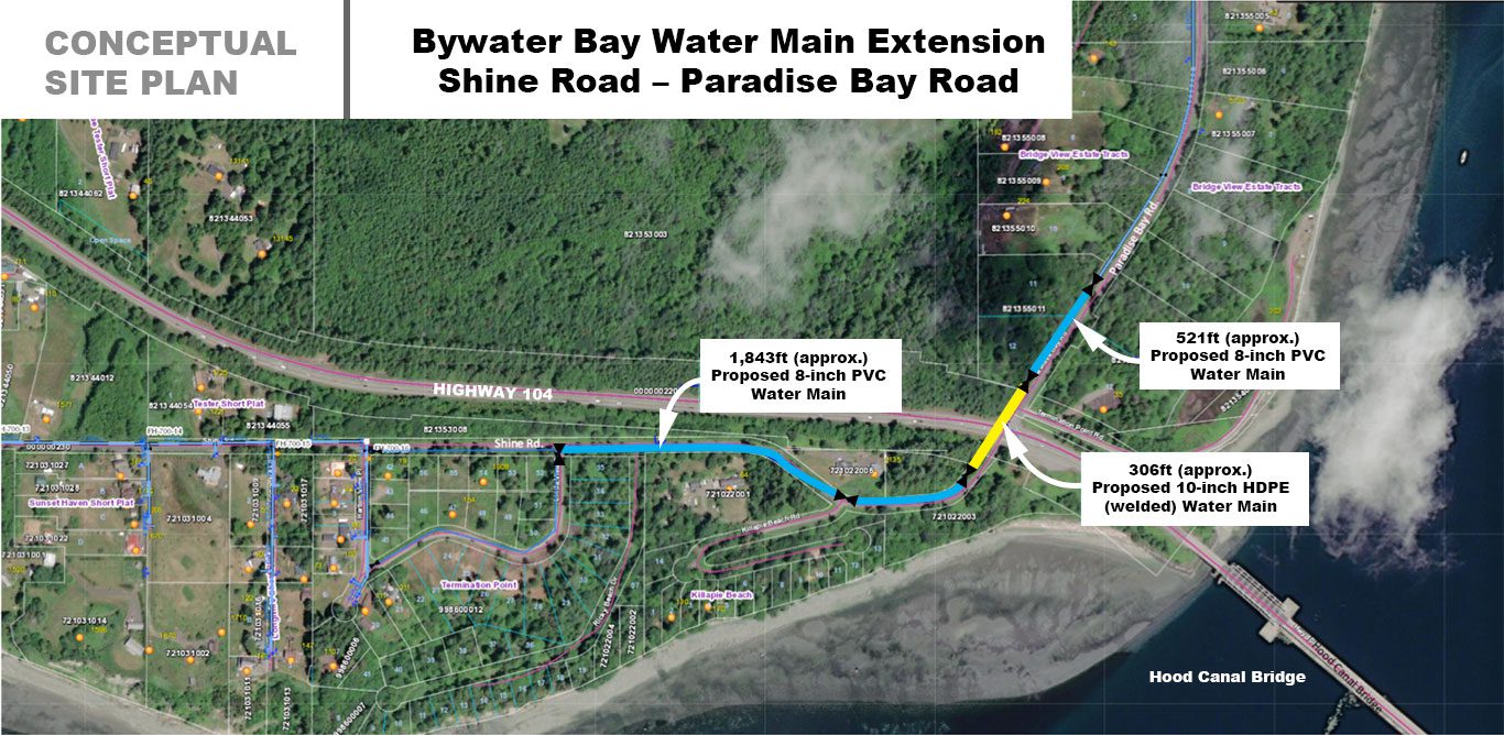 map with colored indication lines referencing proposed Bywater bay waterline extension. 
