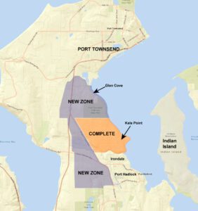 opacity zone for advanced meter installation area around Glen Cove and the Highways 20 and 19 corridor. Map shows completed Kala Point region, also highlighted.