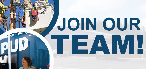 Join our Team banner image with photo of customer service agent and line crew members working on a pole mounted transformer.