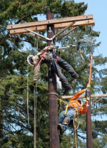 Line crew foreman, Jonathon Dehnert, uses a hot stick to pull the cut-away to make the scene safe for the rescue.