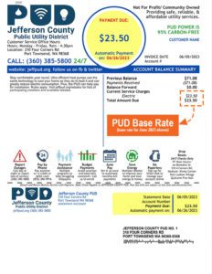 Monthly statement for net metered resident (June 2023). Billing front page shows base rate applied.