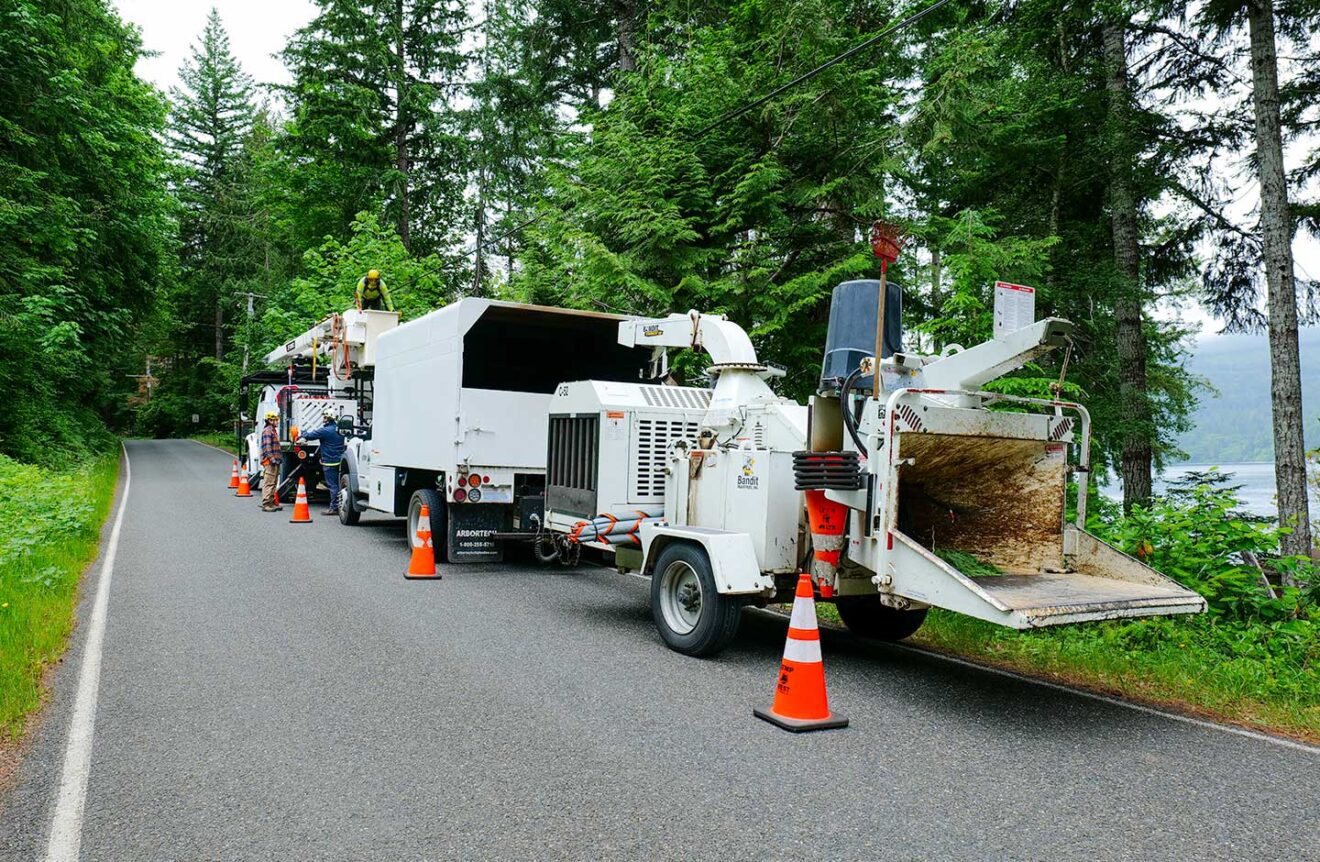 Image of a tree trimming contractor service parked on the roadway with cones out for safety.