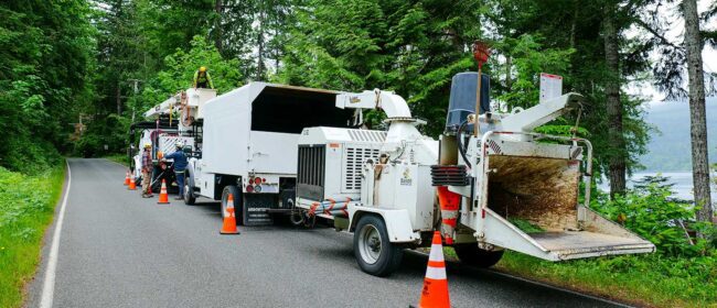 Image of a tree trimming contractor service parked on the roadway with cones out for safety.