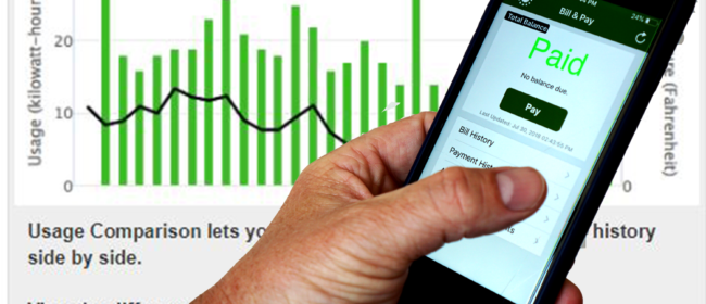 Usage comparison graph with hand holding phone with Bill and Pay screen on it